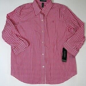 Lauren Ralph Lauren Gingham Print 3/4 Sleeve Button Shirt NEW